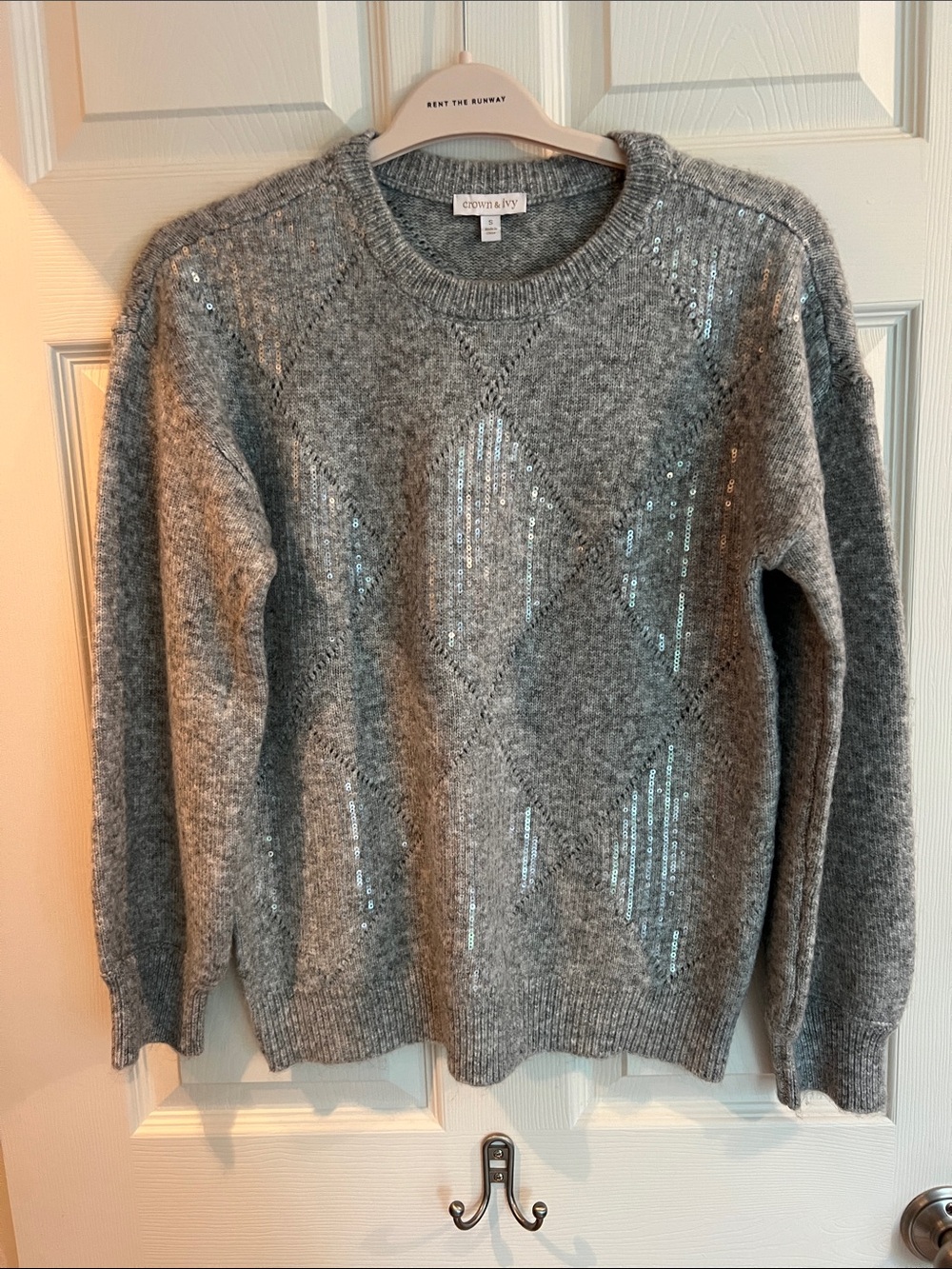 crown & ivy Gray Sequin Diamond Crewneck Sweater